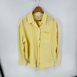ON-34TH Yellow White Striped Button Down Size L Linen Blend Oversized Coastal